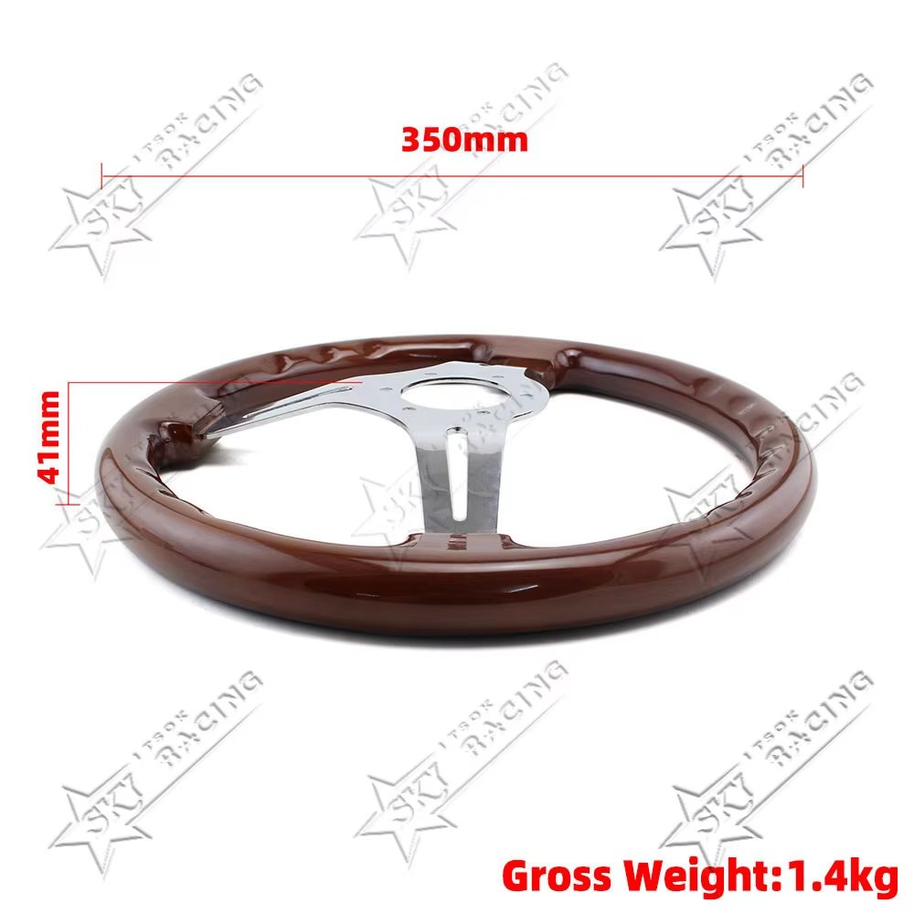 Universal 350mm Vintage Classic Wooden Nostalgia Luxury Silver Chrome 3 Spokes,14 Inch Real Wood Car Steering Wheel