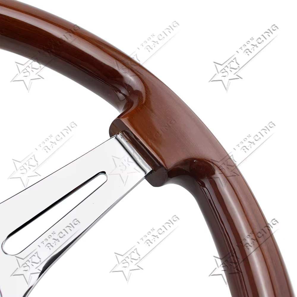Universal 350mm Vintage Classic Wooden Nostalgia Luxury Silver Chrome 3 Spokes,14 Inch Real Wood Car Steering Wheel