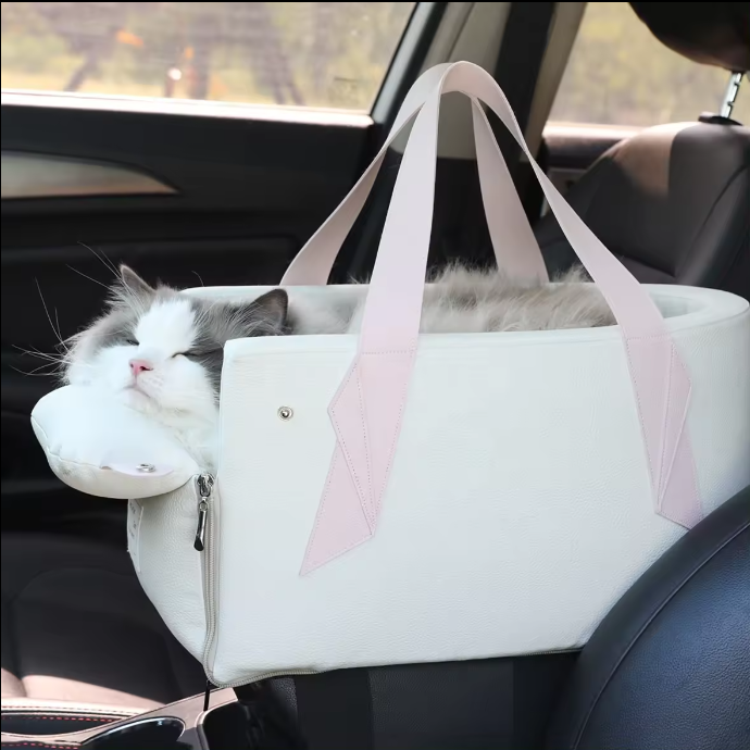 Luxury Portable Small Dog Carrier Bag Detachable Washable Pet Car Booster Seat Central Control Faux Leather Fabric PU Material
