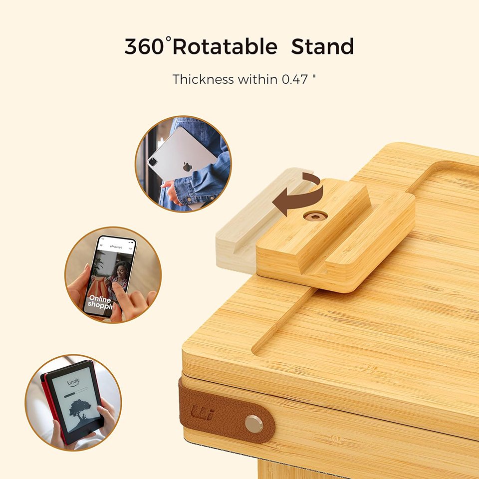 Sofa Armrest Tray with Storage Box Bamboo Couch Arm Table Tray with 360 Rotating Tabletop and Phone Holder
