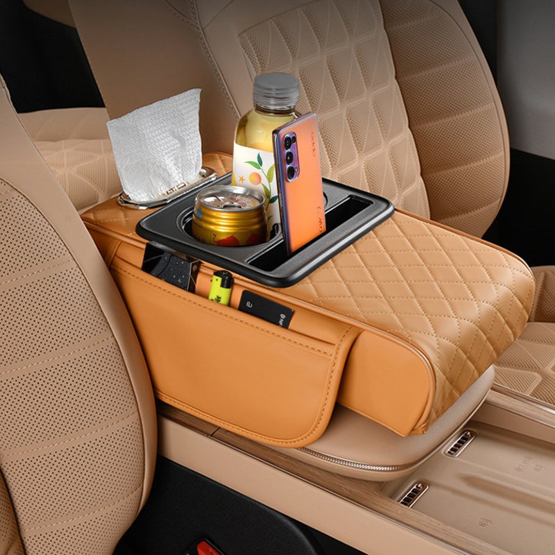 Extender Cushion Heighten Car Center Console Tissue Storage Box Phone Mount Card Purse Organizer Cup Holder Leather Armrest Box