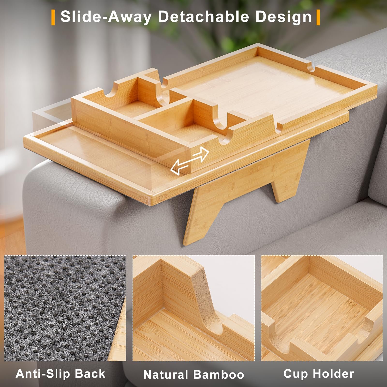 Custom Detachable Bamboo Sofa Arm Tray Clip on Side Table Couchbar Couch Cup Holder Tray Sofa Cup Holder for Drinks Snack Remote