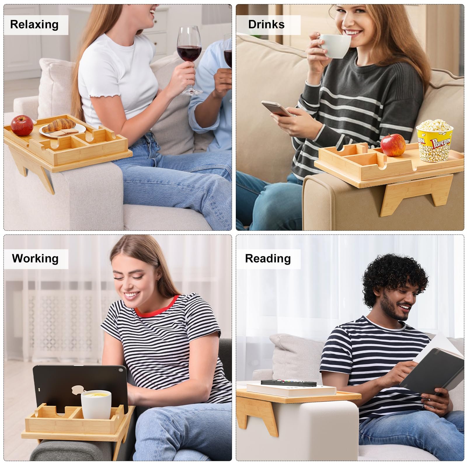 Custom Detachable Bamboo Sofa Arm Tray Clip on Side Table Couchbar Couch Cup Holder Tray Sofa Cup Holder for Drinks Snack Remote