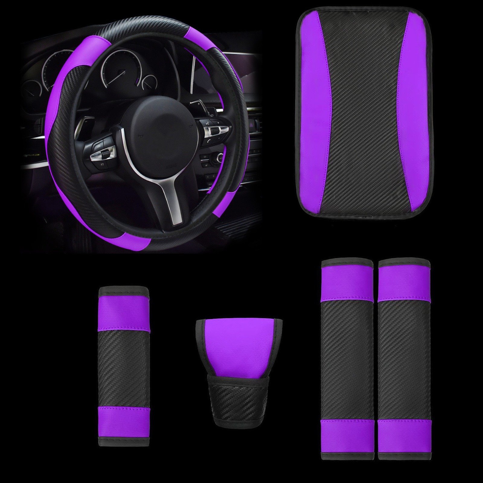 Car steering wheel cover carbon fiber leather all season universal gear cover handbrake shoulder protection armrest box pad