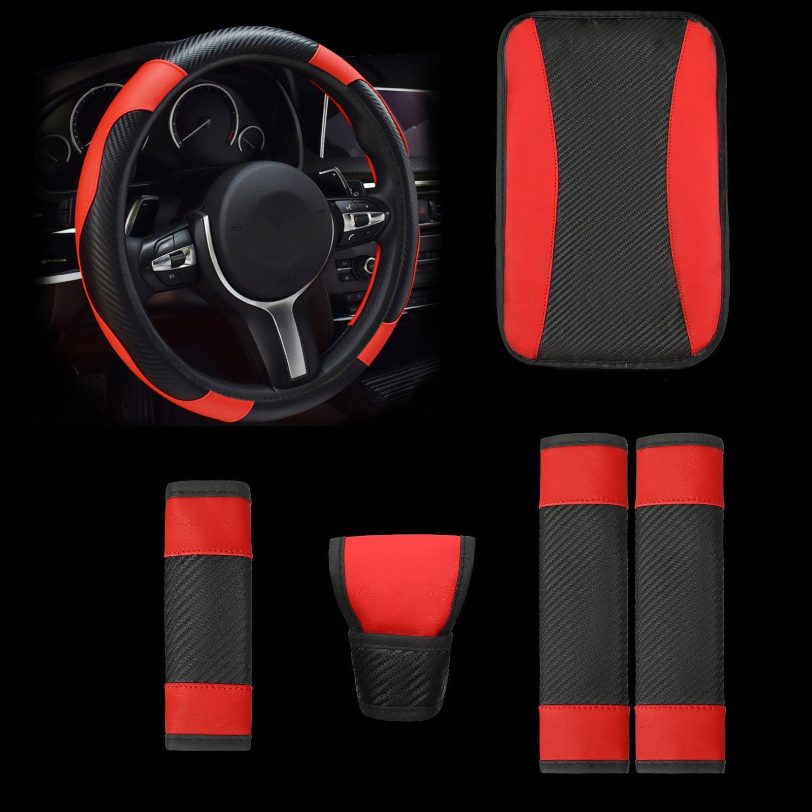 Car steering wheel cover carbon fiber leather all season universal gear cover handbrake shoulder protection armrest box pad