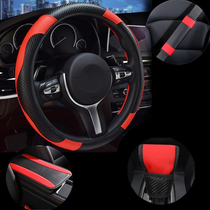 Car steering wheel cover carbon fiber leather all season universal gear cover handbrake shoulder protection armrest box pad