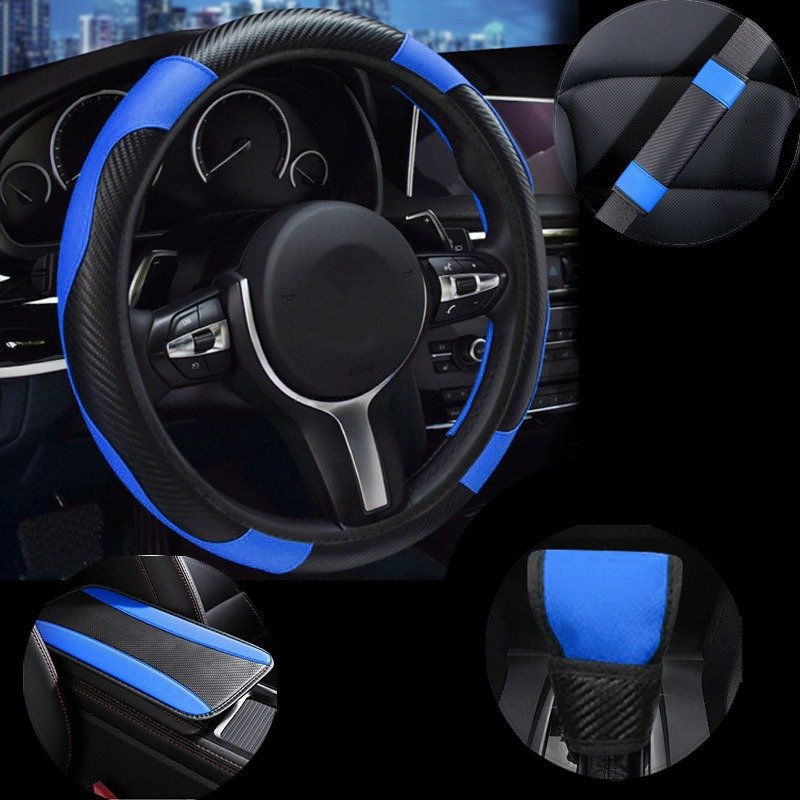 Car steering wheel cover carbon fiber leather all season universal gear cover handbrake shoulder protection armrest box pad