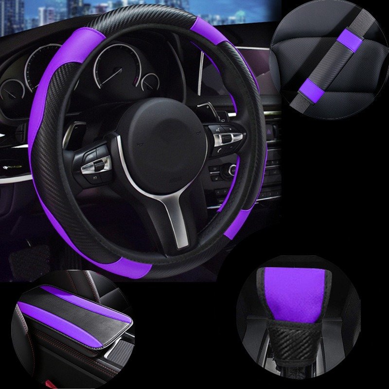 Car steering wheel cover carbon fiber leather all season universal gear cover handbrake shoulder protection armrest box pad