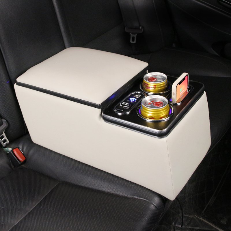 High-Quality Leather Car Rear Center Console Storage Armrest Box with Cup Holders, Customizable for Various Models