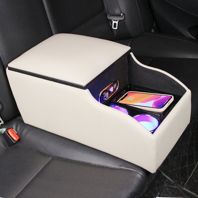 High-Quality Leather Car Rear Center Console Storage Armrest Box with Cup Holders, Customizable for Various Models