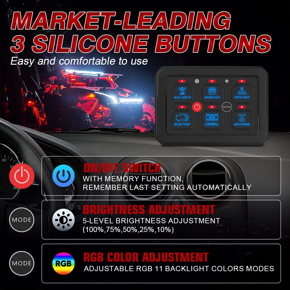 Race Car Switch Panel 6 Gang RGB Dimmable 12V 24V Relay Box with Touch Control Truck RV Auto Switch Panel