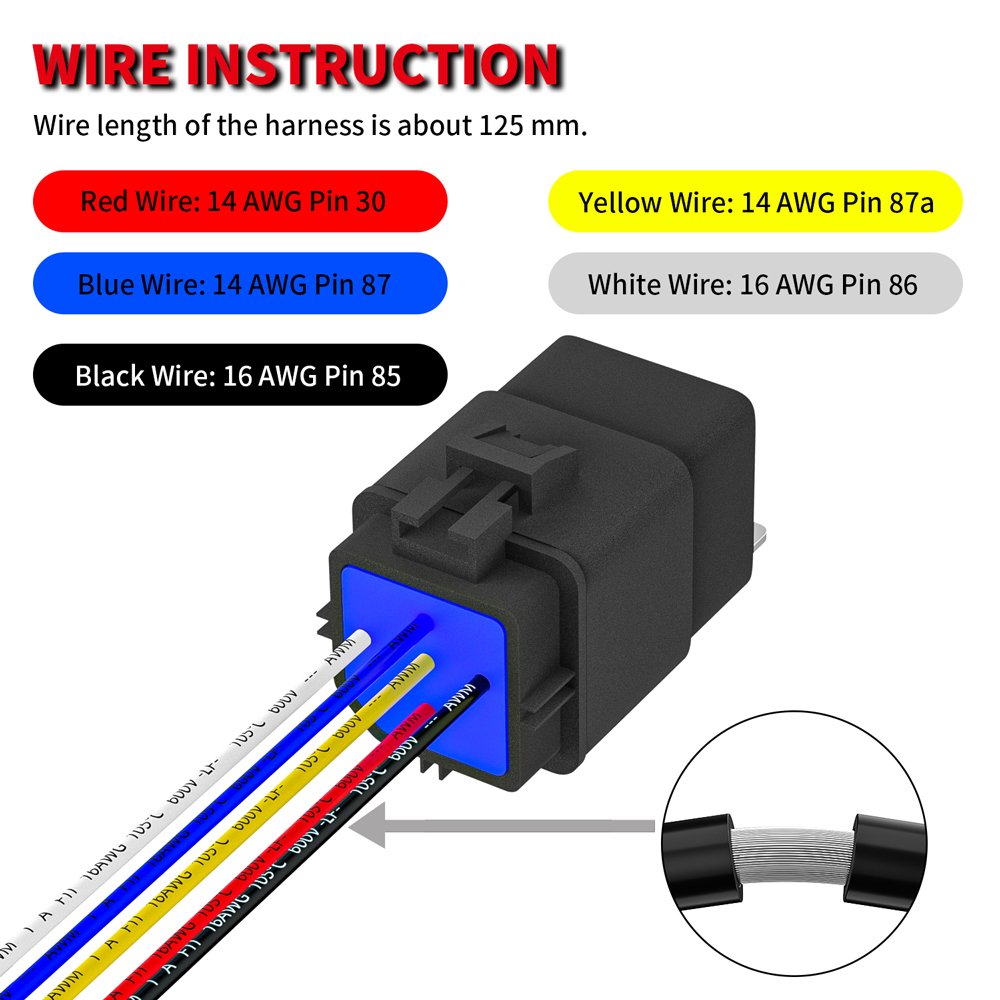 SPDT 5 Pin Waterproof Auto Relay 12V 40A Heavy Duty 14AWG 12 Volt Relay Kit and Harness Set for Automotive Car