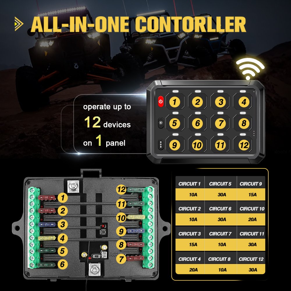 Auto Car Switch Box 12V 24V Off Road Led Light Controller 12 Gang Switch Panel Wireless RGB with Overload Protection Relay