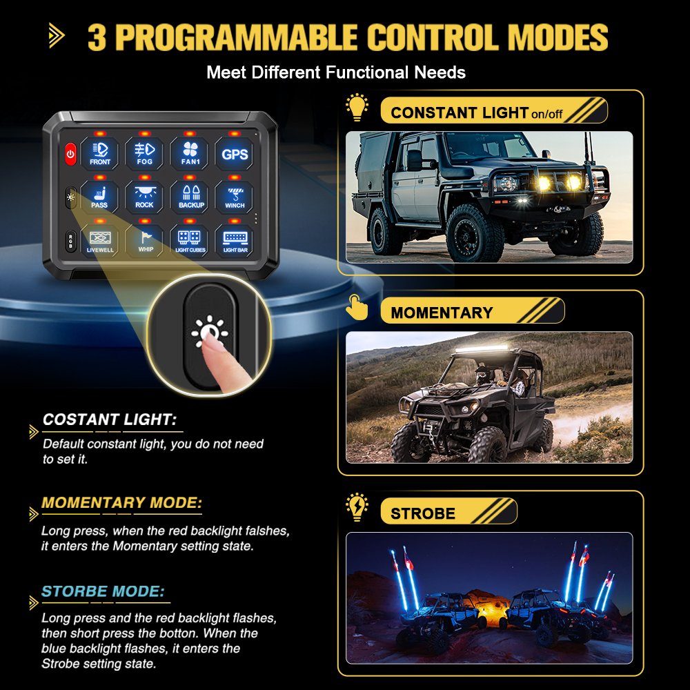 Auto Car Switch Box 12V 24V Off Road Led Light Controller 12 Gang Switch Panel Wireless RGB with Overload Protection Relay