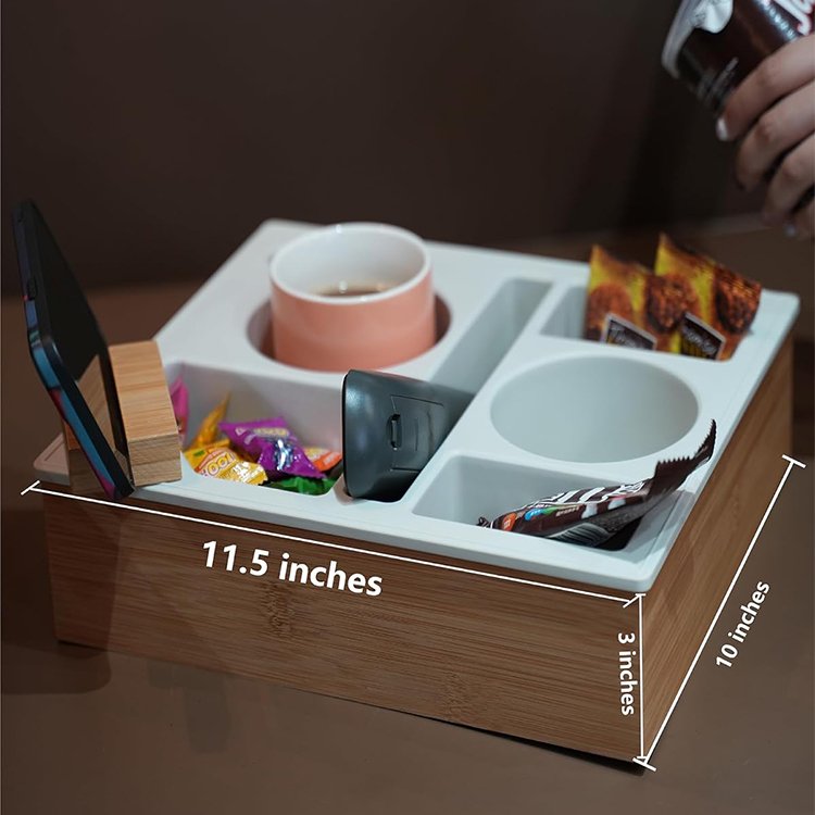 WDF Console Cup Holder Organizer Buddy Snack Fruit Tray Counter Top Sofa Armrest Tray Couch bar Box Bamboo Couch Cup Holder