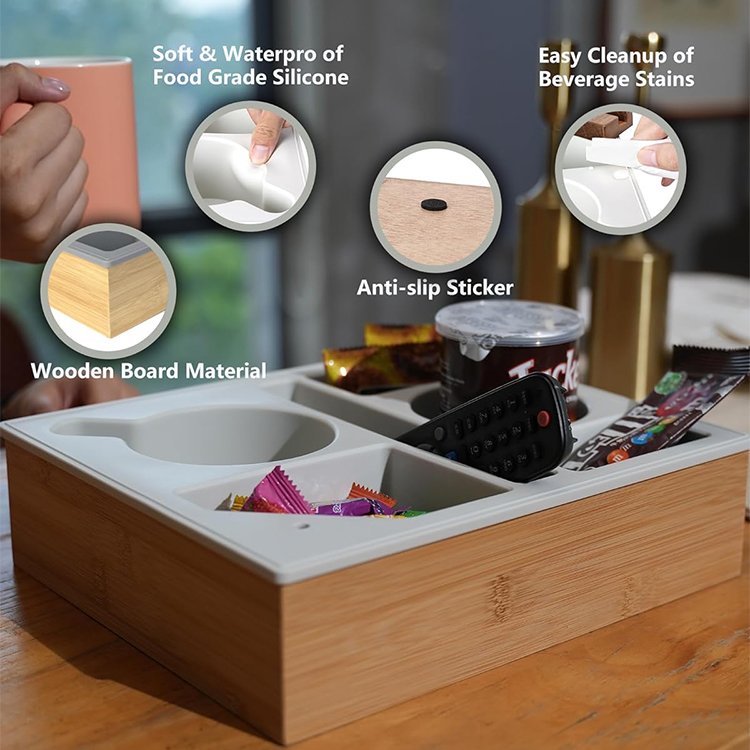WDF Console Cup Holder Organizer Buddy Snack Fruit Tray Counter Top Sofa Armrest Tray Couch bar Box Bamboo Couch Cup Holder