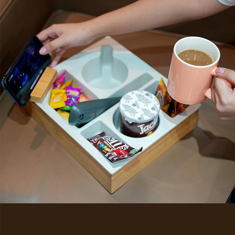 WDF Console Cup Holder Organizer Buddy Snack Fruit Tray Counter Top Sofa Armrest Tray Couch bar Box Bamboo Couch Cup Holder