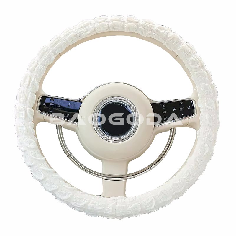 BGD Factory High-quality pure white fabric puff plaid anti-slip car steering wheel cover, exclusive holiday gift for women