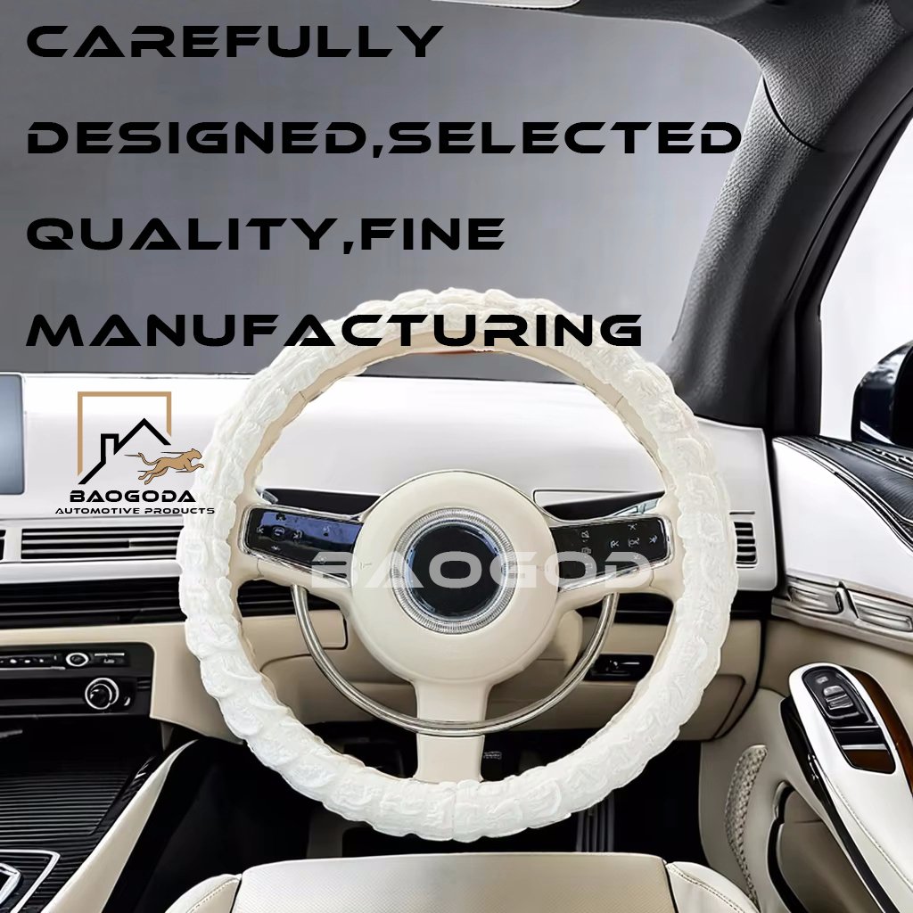BGD Factory High-quality pure white fabric puff plaid anti-slip car steering wheel cover, exclusive holiday gift for women
