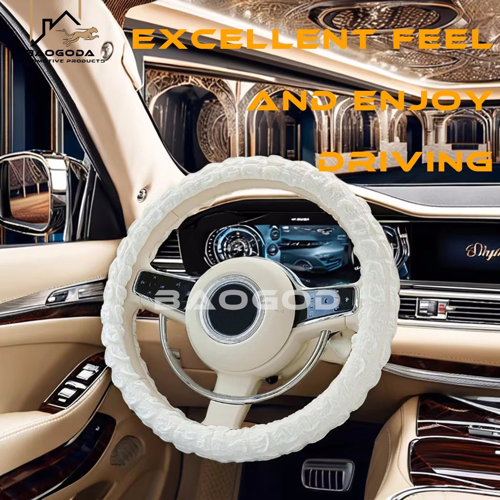 BGD Factory High-quality pure white fabric puff plaid anti-slip car steering wheel cover, exclusive holiday gift for women
