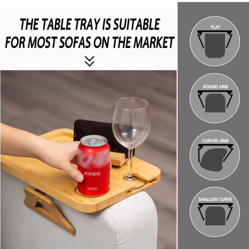 Foldable Sofa Arm Tray with 360 Rotatable Phone Holder Bamboo Couch Sofa Armrest Tray Table for Wide Couches