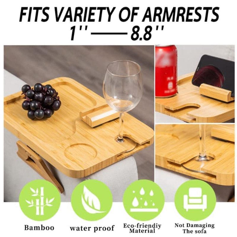 Foldable Sofa Arm Tray with 360 Rotatable Phone Holder Bamboo Couch Sofa Armrest Tray Table for Wide Couches