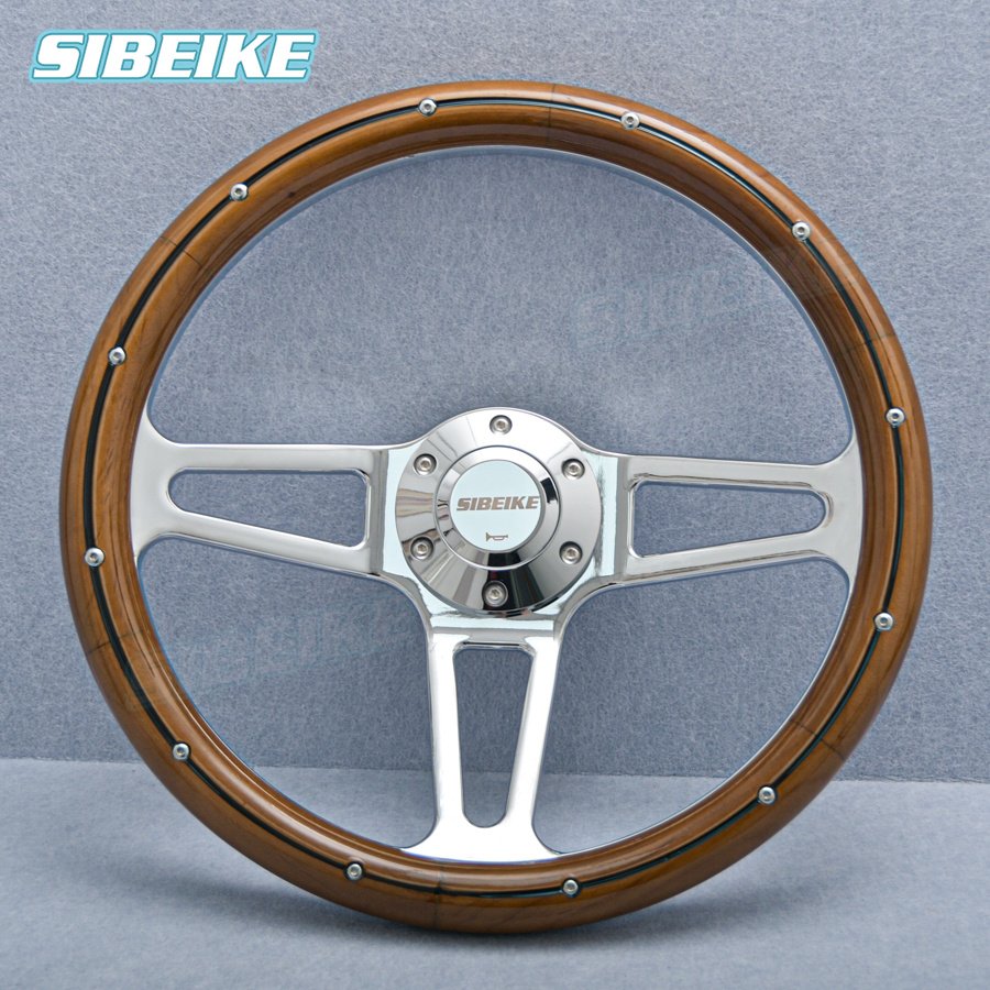 SIBEIKE Vintage Classic Wood Steering Wheel Deep Chrome Spoke Riveted Truck Sports Car Steering Wheel PC-ST81