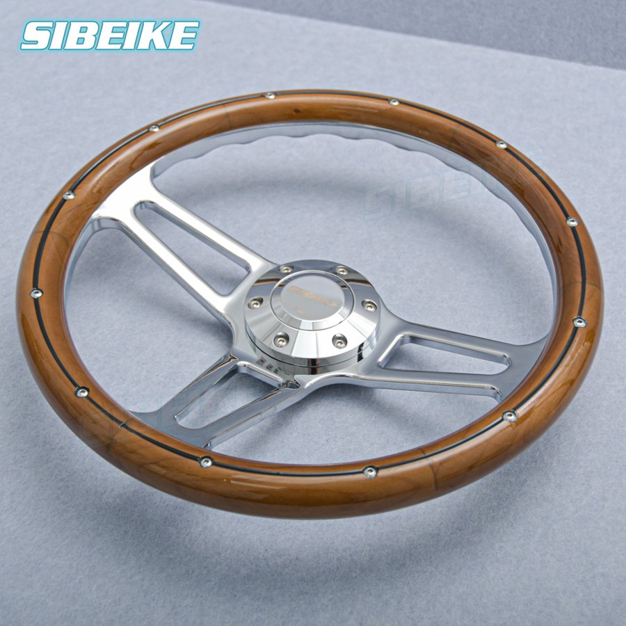 SIBEIKE Vintage Classic Wood Steering Wheel Deep Chrome Spoke Riveted Truck Sports Car Steering Wheel PC-ST81