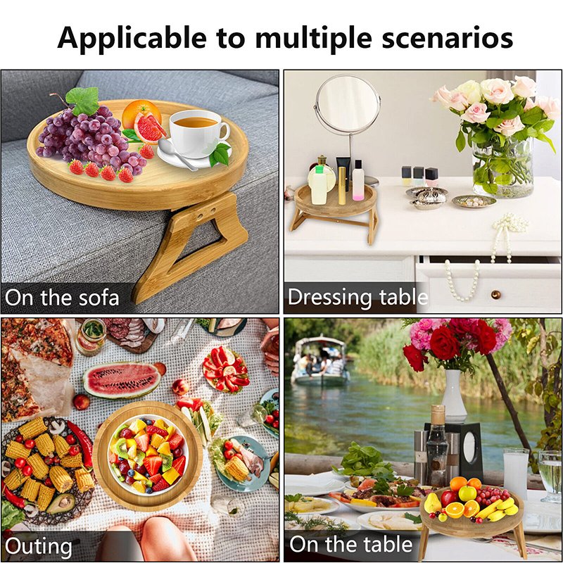 Natural Bamboo Sofa Side Table Foldable Sofa Armrest Clip-On Couch Arm Rest Tray