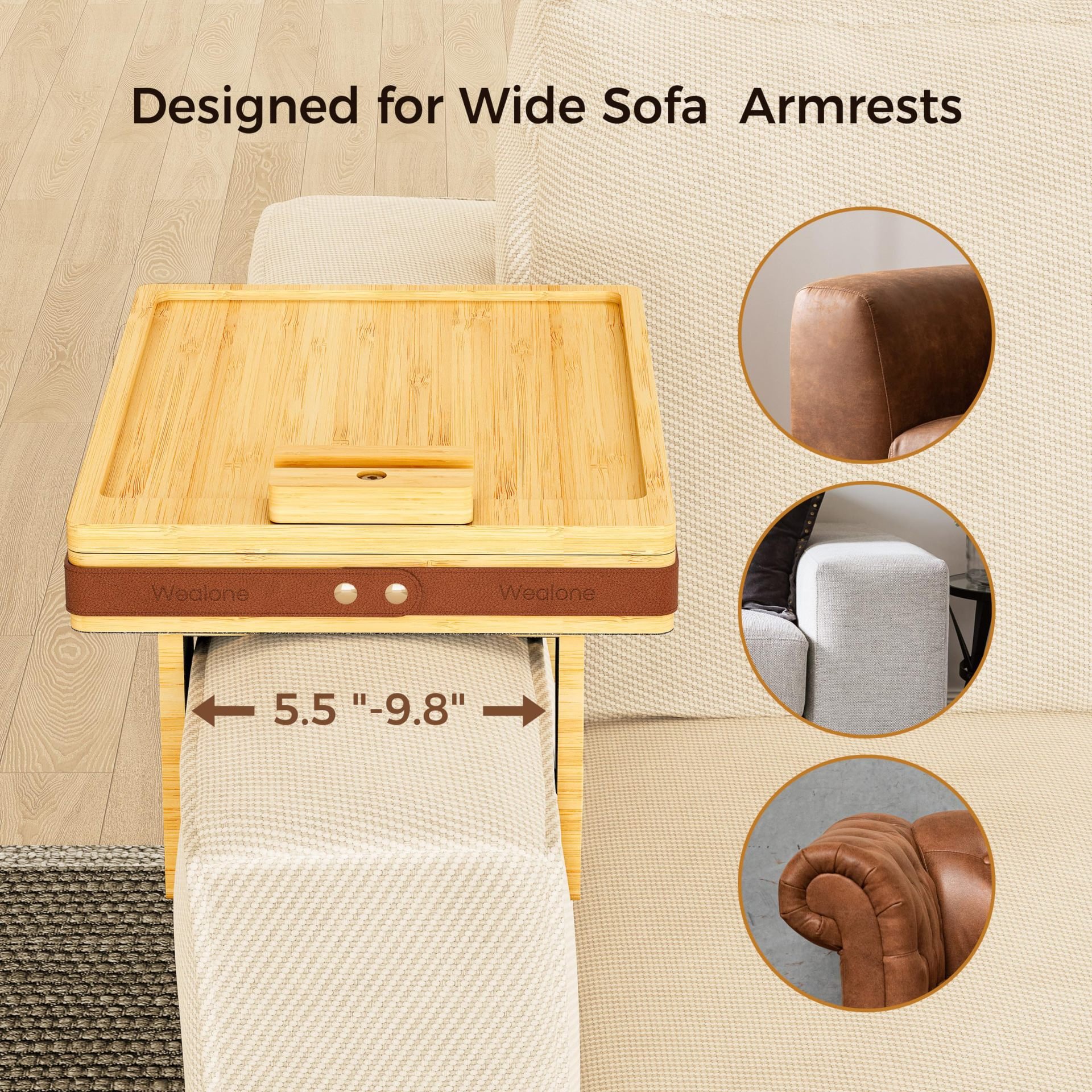Addreen Sofa Armrest Tray With Storage Box 360 Degree Rotating Tabletop and Phone Holder Bamboo Couch Arm Table Tray