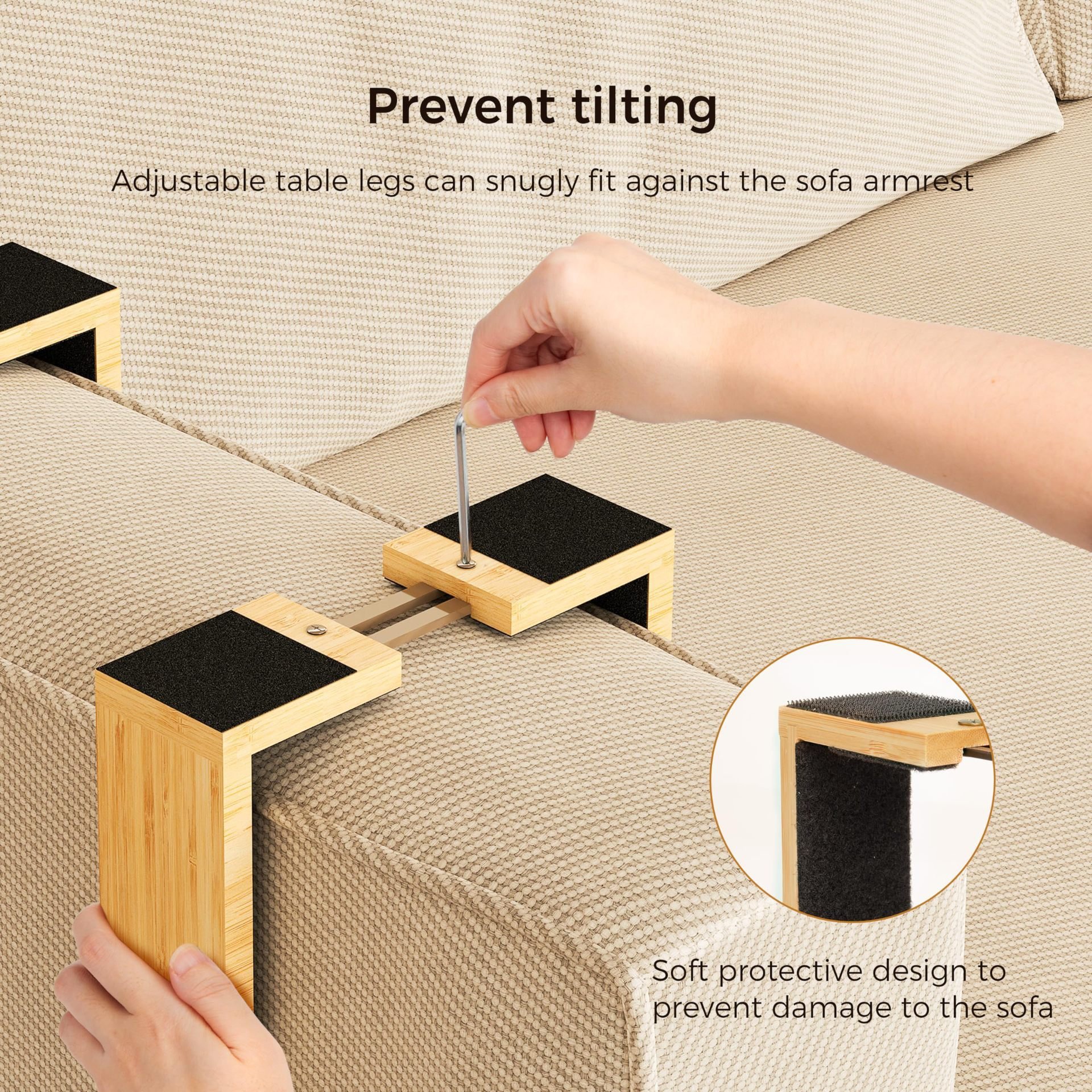 Addreen Sofa Armrest Tray With Storage Box 360 Degree Rotating Tabletop and Phone Holder Bamboo Couch Arm Table Tray
