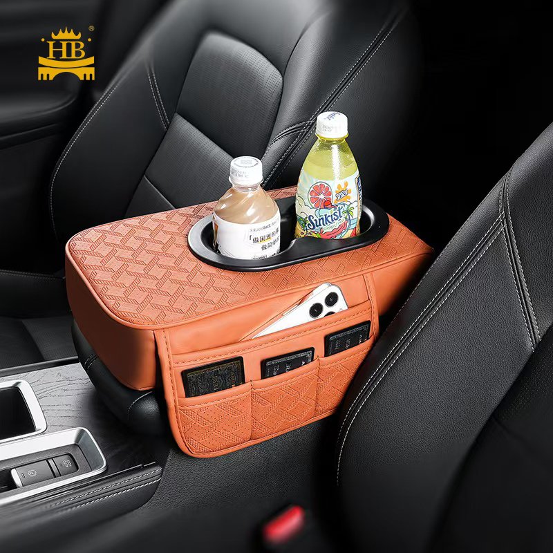 Travel Multi-Pocket Fashion Car Armrest Cover Cup Holder PU Leather Armrest Console Cushion Seat Side Storage Bag for Car