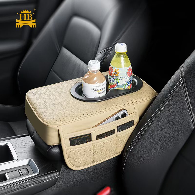 Travel Multi-Pocket Fashion Car Armrest Cover Cup Holder PU Leather Armrest Console Cushion Seat Side Storage Bag for Car