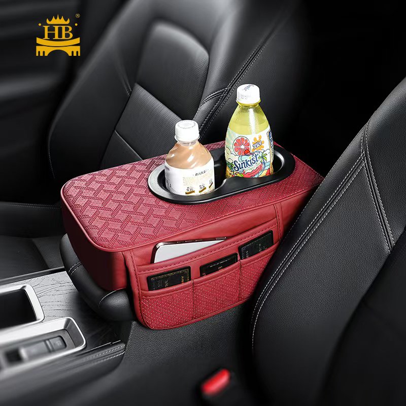 Travel Multi-Pocket Fashion Car Armrest Cover Cup Holder PU Leather Armrest Console Cushion Seat Side Storage Bag for Car