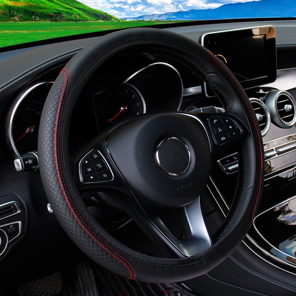 Sports Racing Style Leather Three-Dimensional Soft Car Interior Without Inner Ring Steering Wheel Cover For 14.5-15 Inches