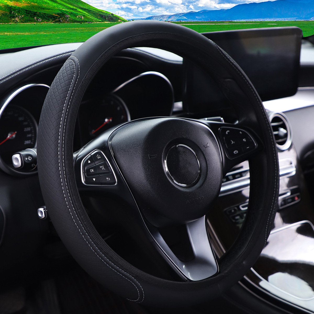 Sports Racing Style Leather Three-Dimensional Soft Car Interior Without Inner Ring Steering Wheel Cover For 14.5-15 Inches