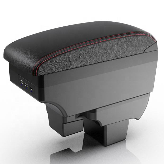 EU New Car Double Layers Slide USB Charger Design Black Pu Leather Car Armrest Console Box for Volkswagen Polo 2020- 2023