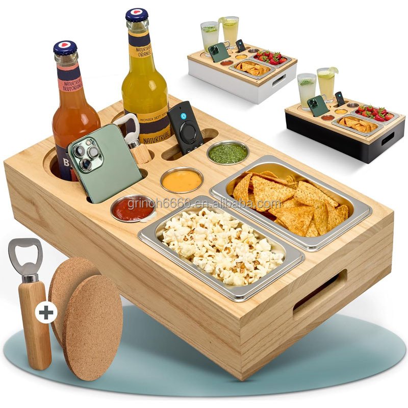 Premium Serving Bar Wood Snack Box Bottle Holder Serving Tray Wood Sofa Armrest Snack Drink Caddy Box