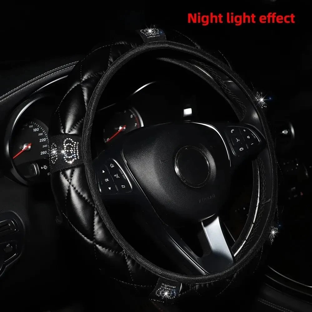 Four Seasons Universal Car Steering Wheel Cover 37-38cm Leather Embroidered Color Diamond-Studded Elastic Steering Wheel Cover