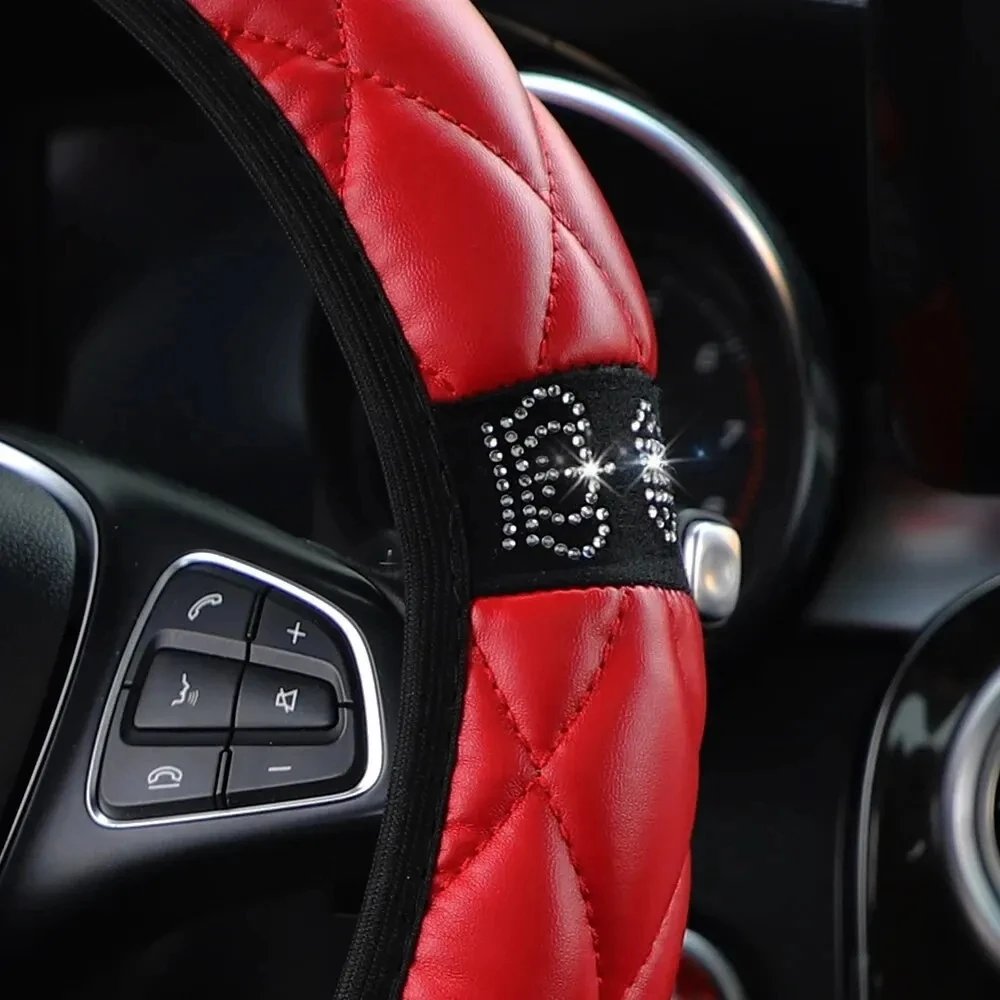 Four Seasons Universal Car Steering Wheel Cover 37-38cm Leather Embroidered Color Diamond-Studded Elastic Steering Wheel Cover