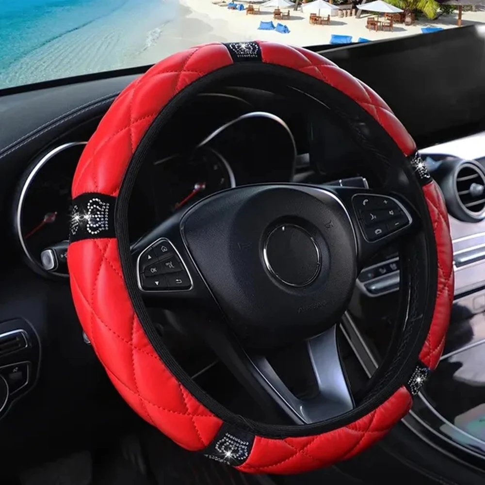 Four Seasons Universal Car Steering Wheel Cover 37-38cm Leather Embroidered Color Diamond-Studded Elastic Steering Wheel Cover