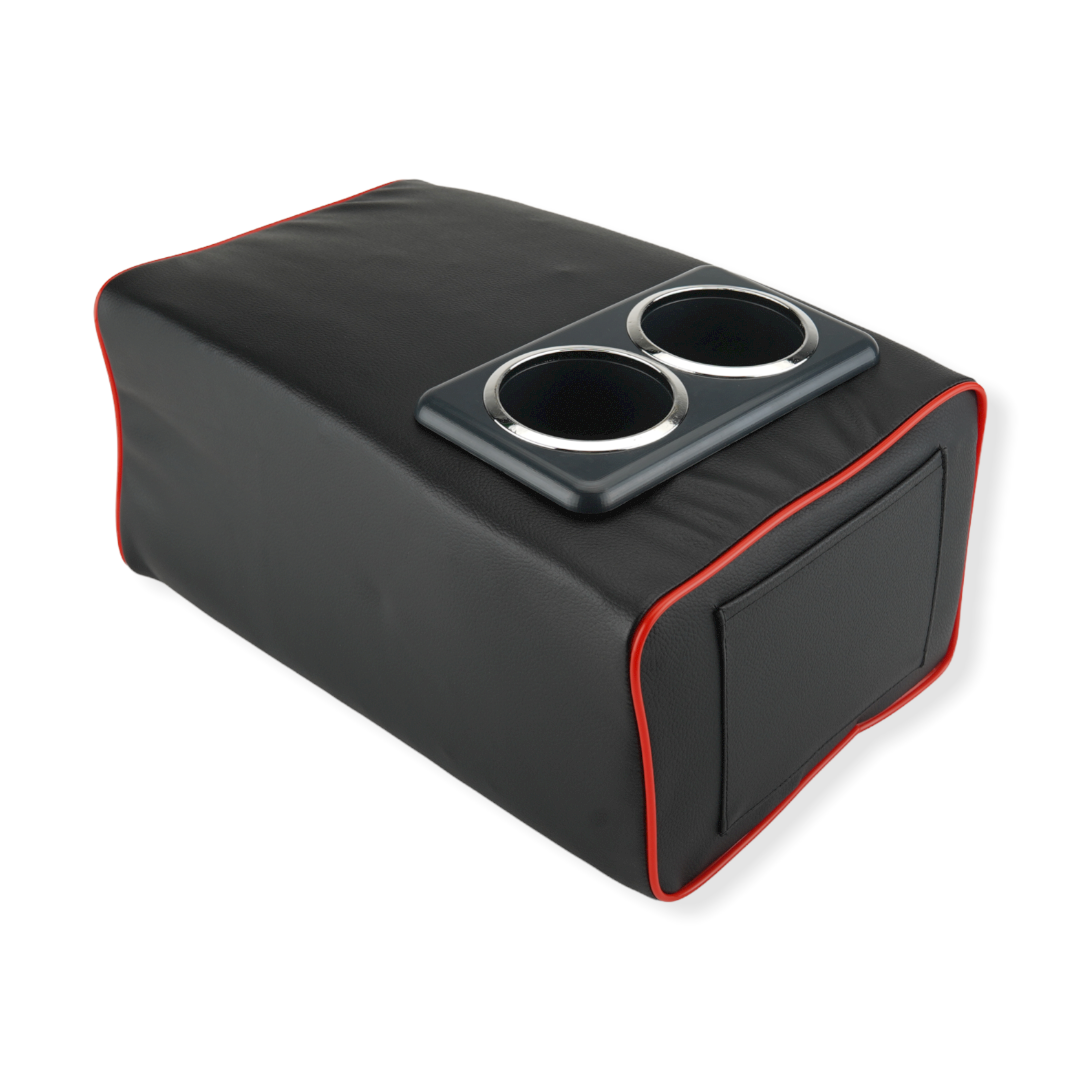 Black Red Line PU Leather Car Armrest Organizer Pad Auto Central Console Seat Box Mat Cushion Pillow Cover Universal with Pocket