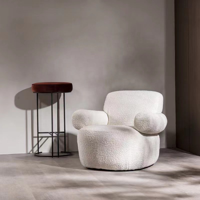 Armrest Single Plywood Leisure Chair White Lamb Wool Fabric Living Room Lounge Chair