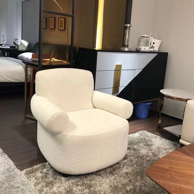 Armrest Single Plywood Leisure Chair White Lamb Wool Fabric Living Room Lounge Chair