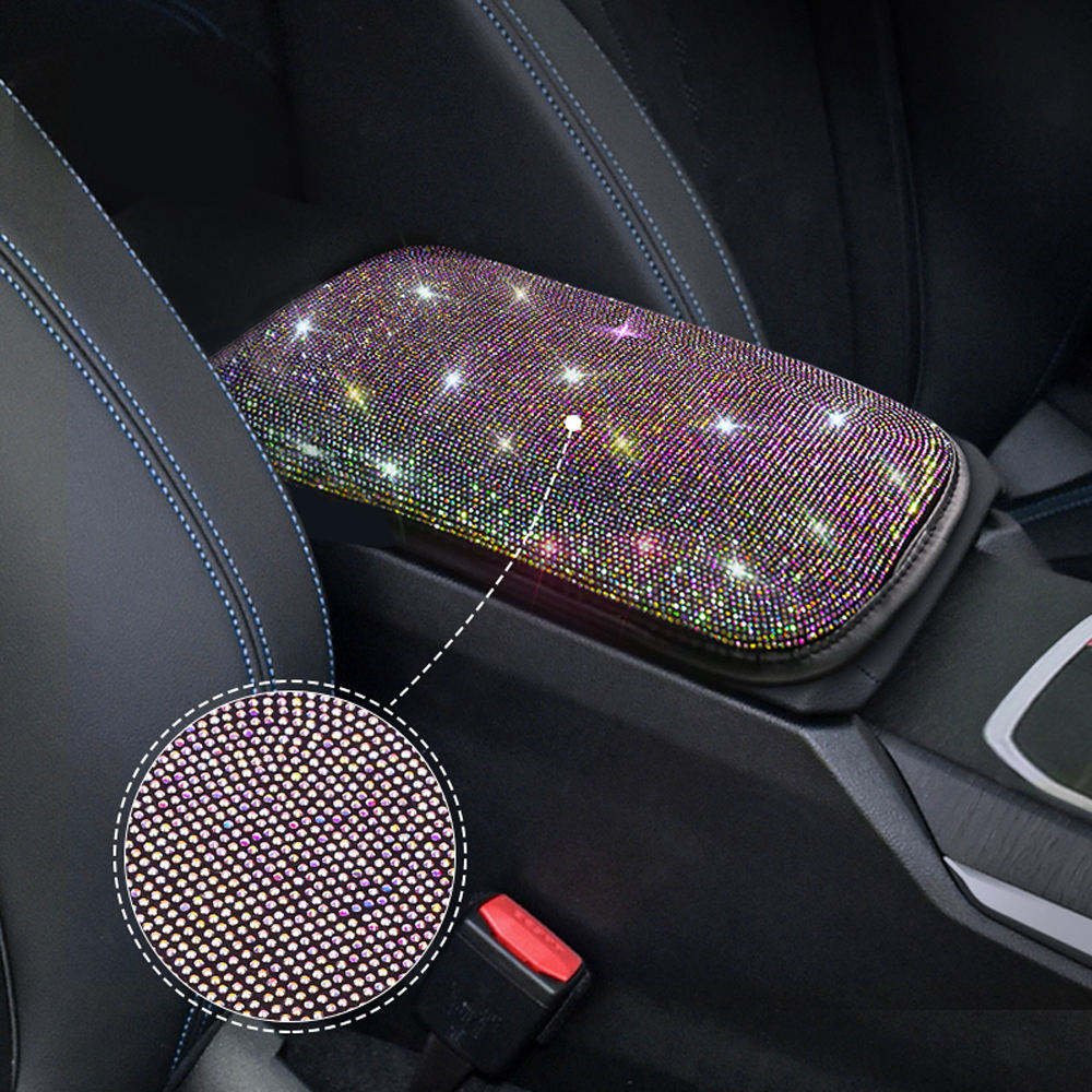 Car Interior Decoration Accessories Car Armrest Box Pad Creative Leather Diamond Bling Armrest Cushion Mat for Women
