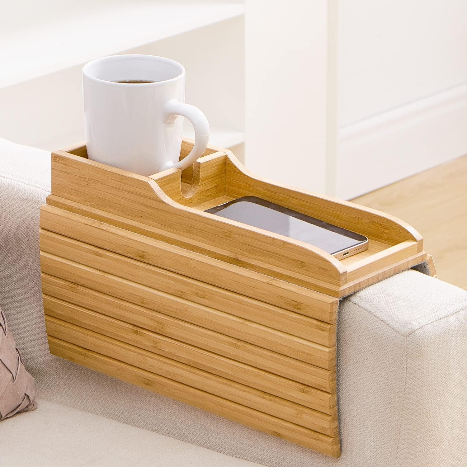 Wooden Sofa Armrest Table New 2024 Bamboo Wood Deluxe Sofa Armrest Tray With Storage Box