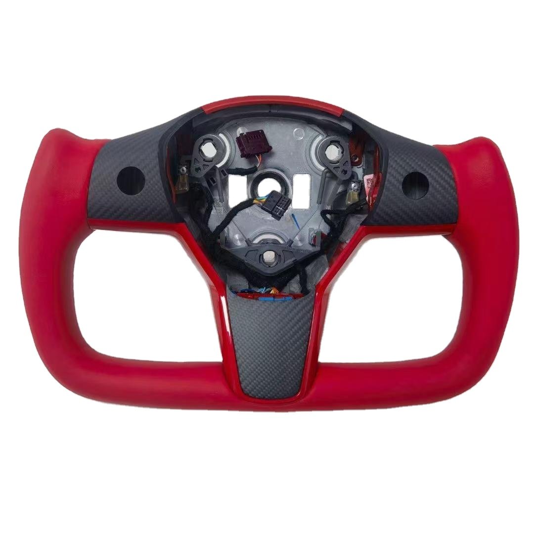 Tesla Model 3 Y X S Full Leather Racing Style Carbon Fiber Steering Wheel Red PU Material Stitching Black Fit Sports Car