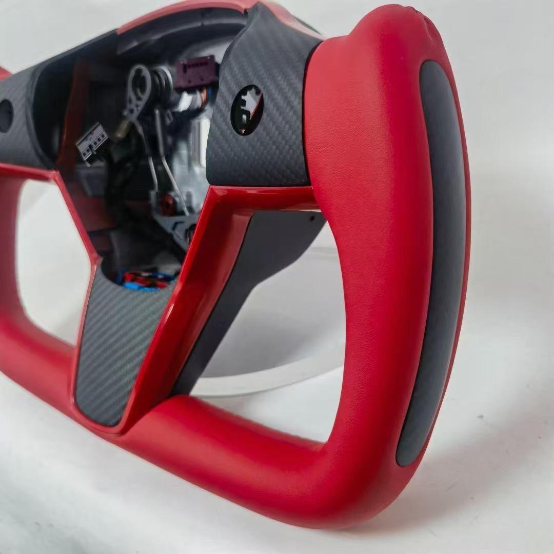 Tesla Model 3 Y X S Full Leather Racing Style Carbon Fiber Steering Wheel Red PU Material Stitching Black Fit Sports Car