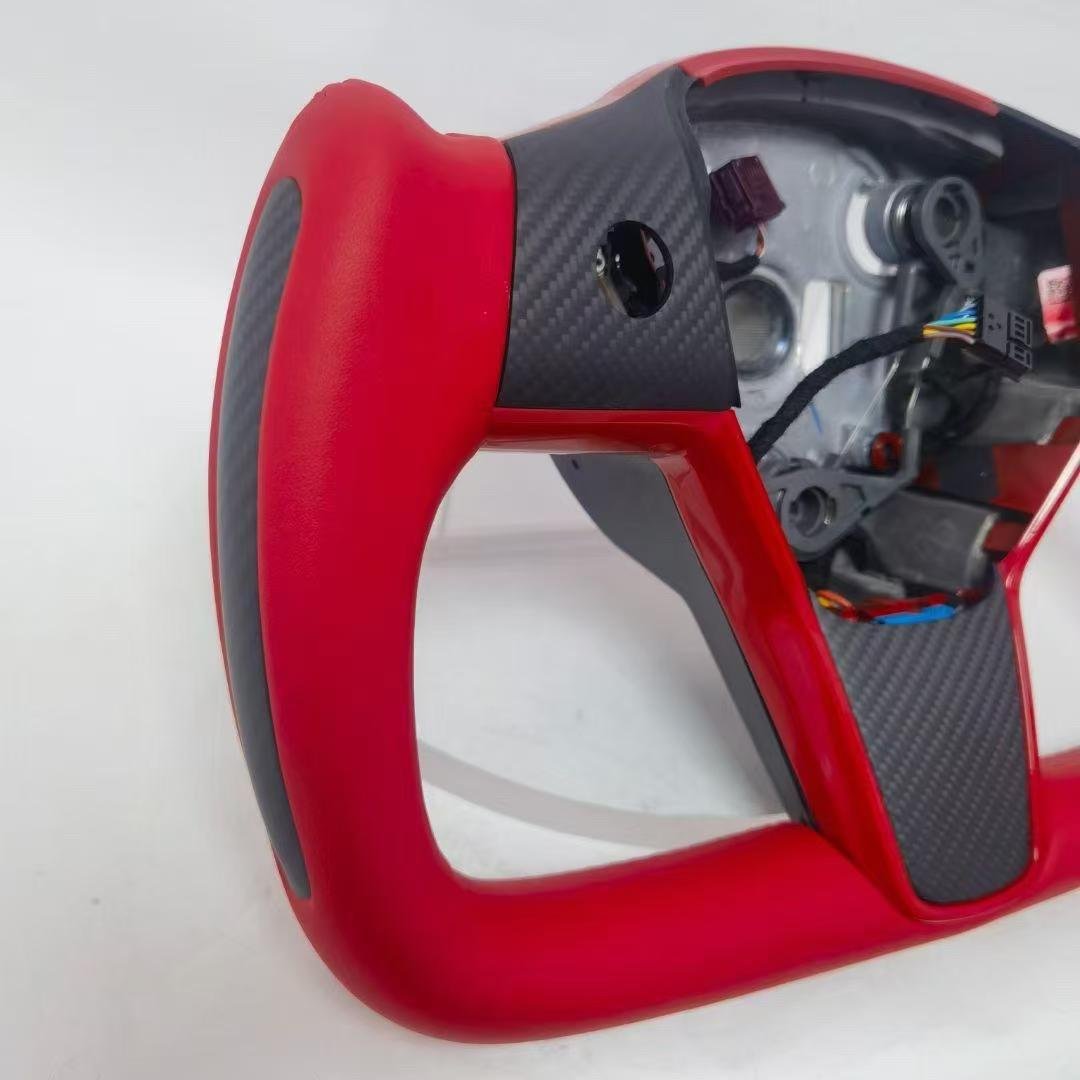 Tesla Model 3 Y X S Full Leather Racing Style Carbon Fiber Steering Wheel Red PU Material Stitching Black Fit Sports Car