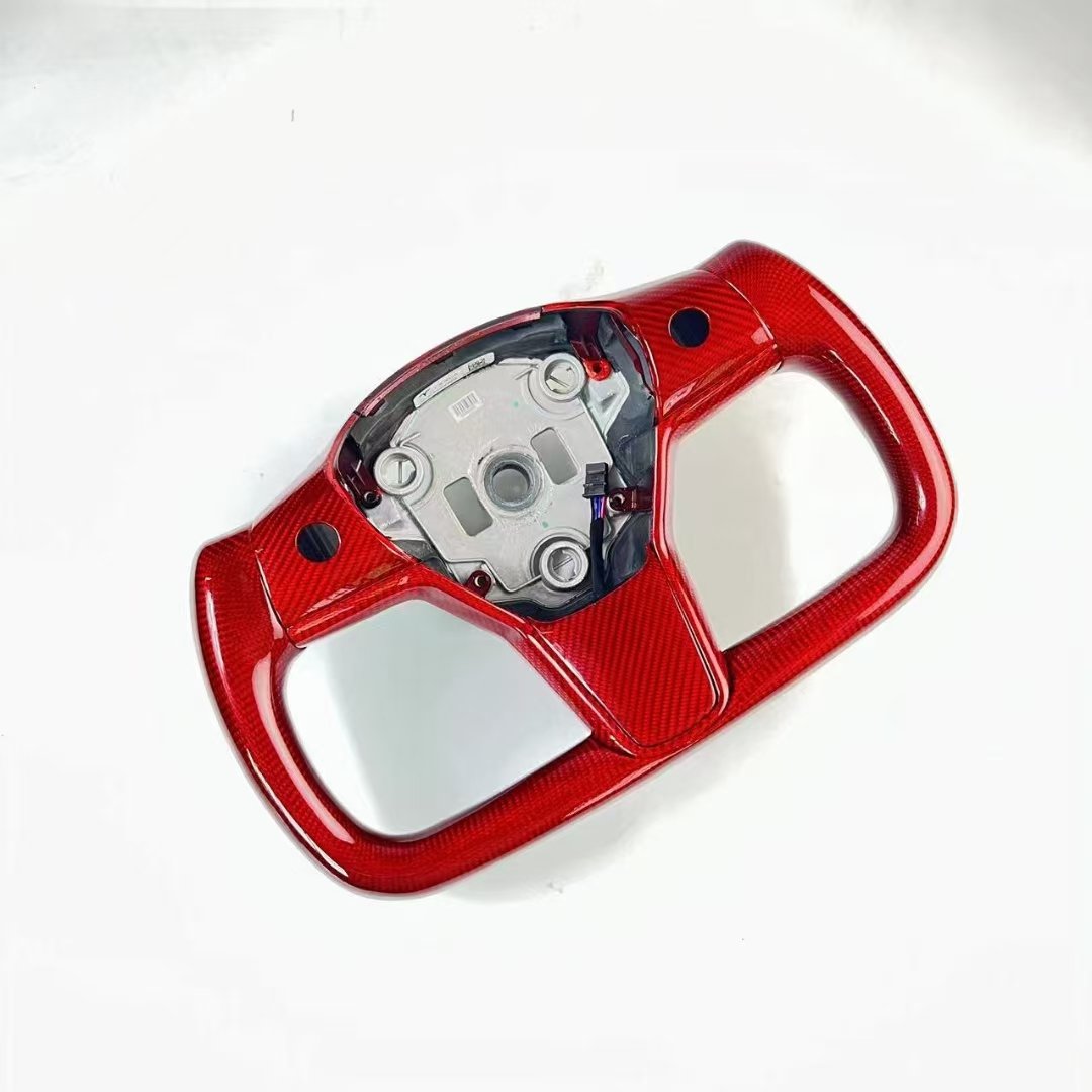 Tesla Model 3 Y X S Full Leather Racing Style Carbon Fiber Steering Wheel Red PU Material Stitching Black Fit Sports Car